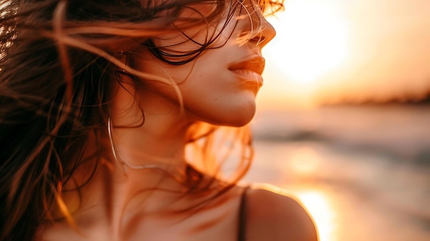 a woman with wet hair and sun in the background