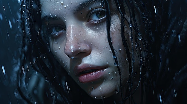 a woman with wet hair and water drops on her face