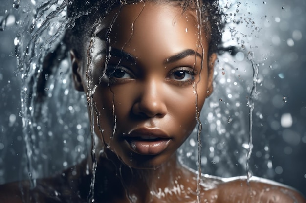 A woman with a wet skin looks at the camera