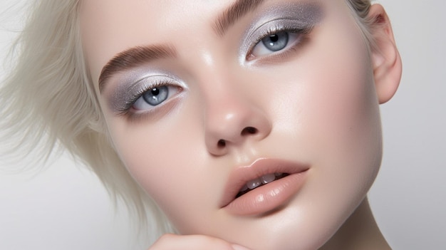 A woman with a white background and her eyeshadow