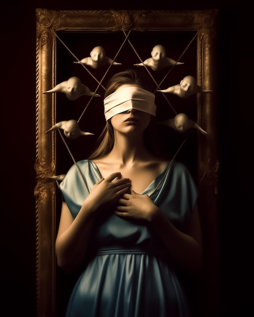 A woman with a white blindfold on her face is surrounded by birds