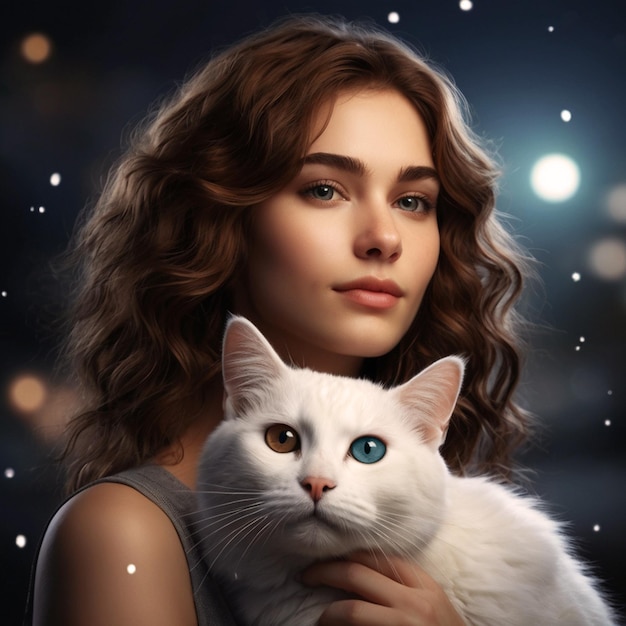 a woman with a white cat and a blue eye