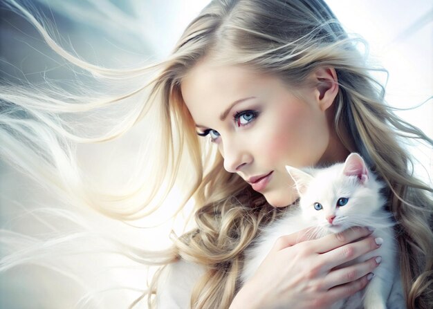 a woman with a white cat in her arms