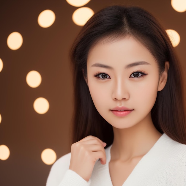 A woman with a white coat and black eyes stands in front of a background of lights.