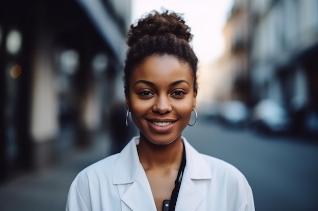 A woman with a white coat stands in a street and smiles.