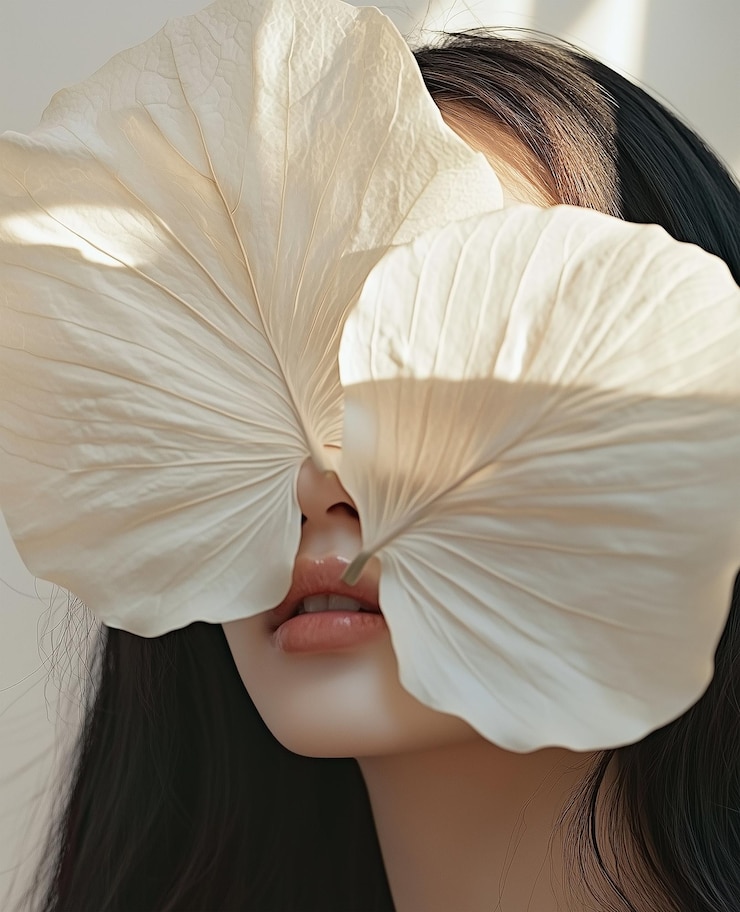 Photo 입 을 는  잎 으로 눈 을   은 여자