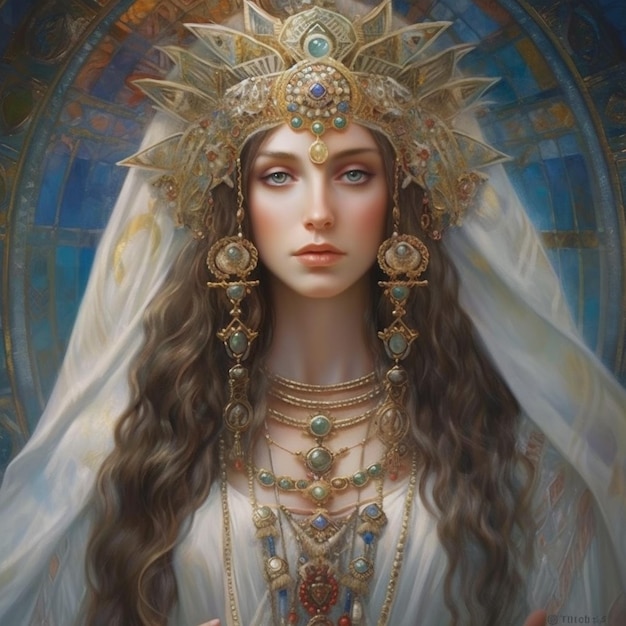 A woman with a white dress and a gold crown