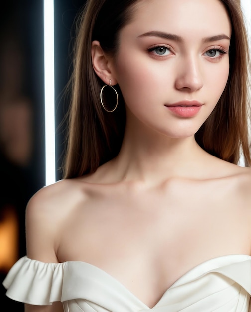 A woman with a white dress and a gold hoop earrings