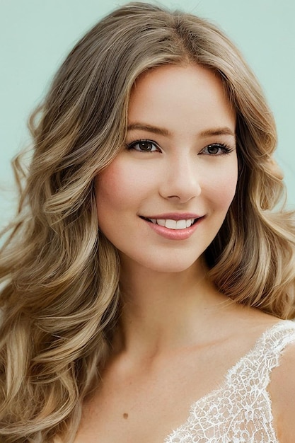 A woman with a white dress and a white lace top smiles at the camera