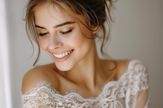 Photo a woman with a white dress and a white lace top