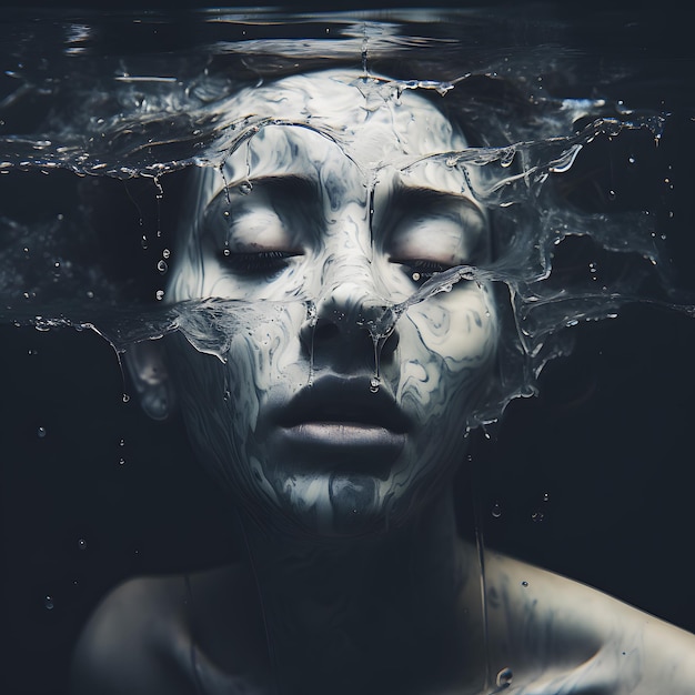 A woman with a white face and her face covered in water