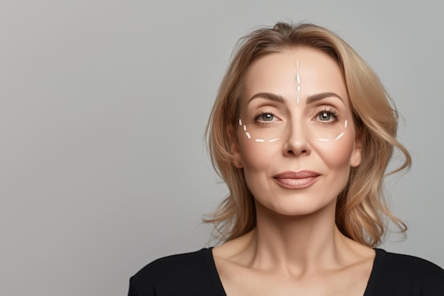 A woman with a white face mask on her face She is smiling and looking at the camera