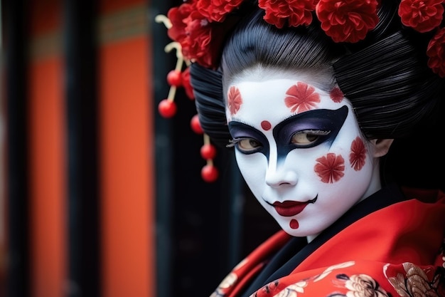 a woman with white face paint and red flowers in her hair