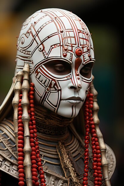 Photo a woman with a white face and red beads on her head is shown