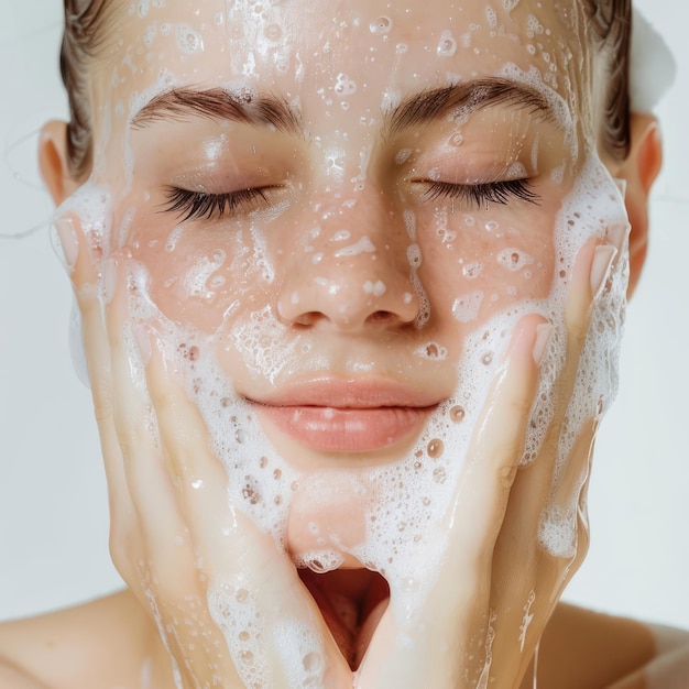 Photo a woman with a white face that has the face covered in white foam beautiful girl or washing face