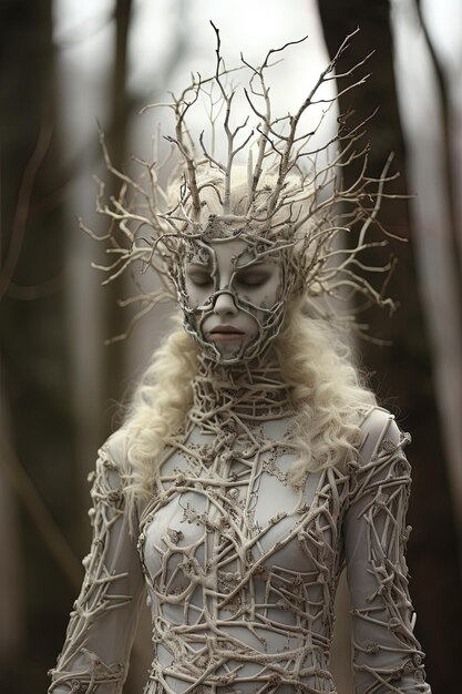 a woman with a white face and a tree branch on her head