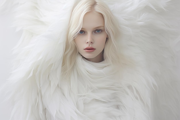 a woman with a white fur coat is wrapped in a white blanket.