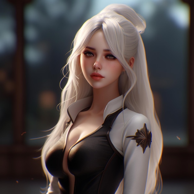 A woman with a white hair and a black and white coat has a dragon on the chest