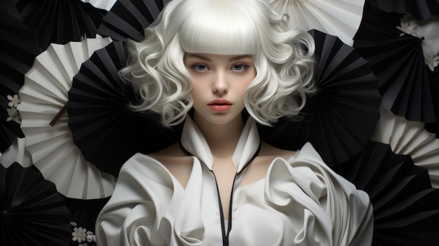 A woman with white hair and black and white fan