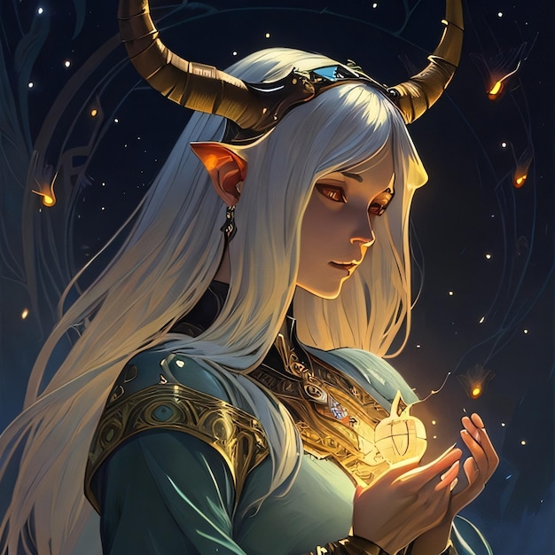 A woman with white hair and a blue dress with horns holds a golden heart.