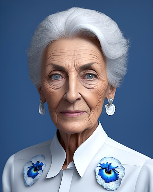 A woman with white hair and blue flowers on her shirt