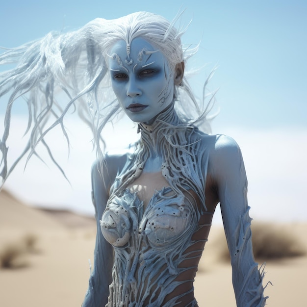 a woman with white hair and body paint