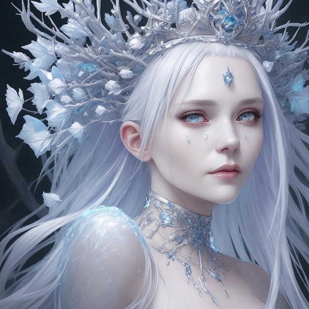 A woman with white hair and a crown of ice