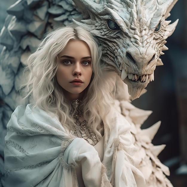 A woman with white hair and a dragon