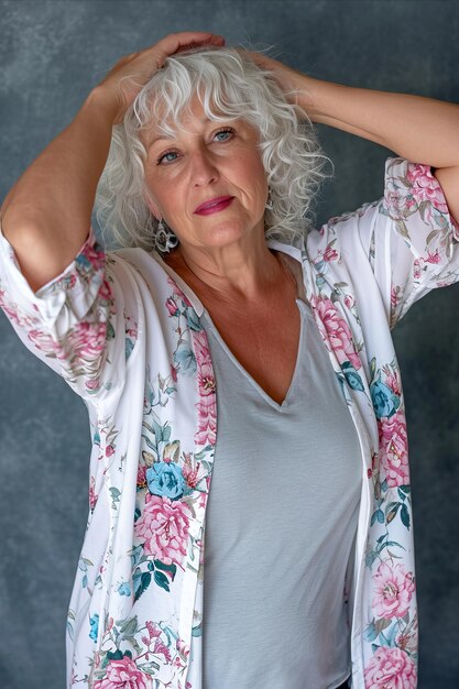 Photo a woman with white hair and a floral shirt