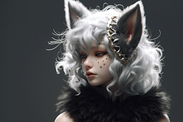 женщина с белыми волосами и мехом и кошачьими ушами