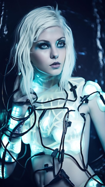 A woman with white hair and glowing lights on her body