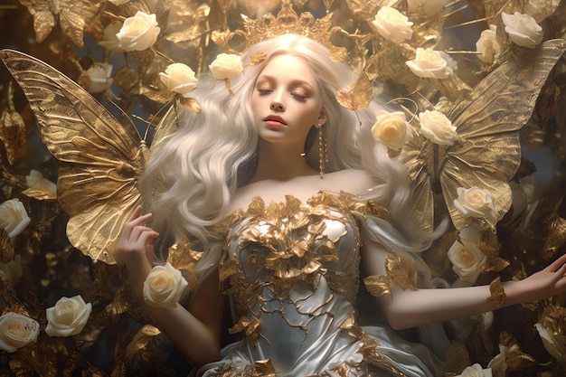 A woman with white hair and a gold crown is laying on a bed of roses.