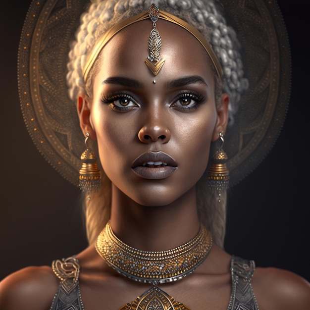 A woman with white hair and a gold necklace