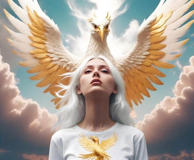 Photo a woman with white hair and a golden angel on her head