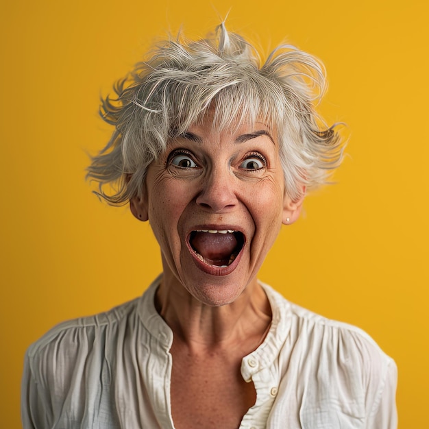 A woman with white hair making a surprised face on a yellow background