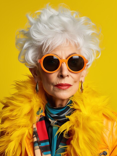 A woman with white hair and orange sunglasses
