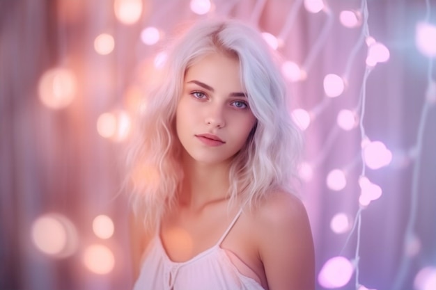 A woman with a white hair and a pink bokeh background