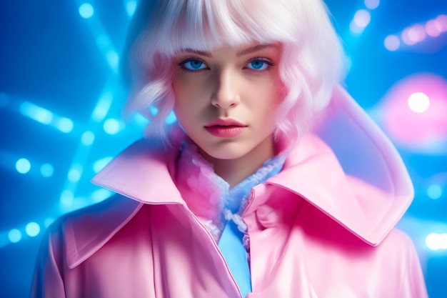 Woman with white hair and pink coat on Generative AI