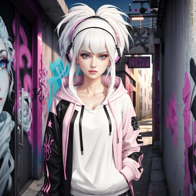 A woman with white hair and a pink hoodie stands in a hallway with graffiti on the walls