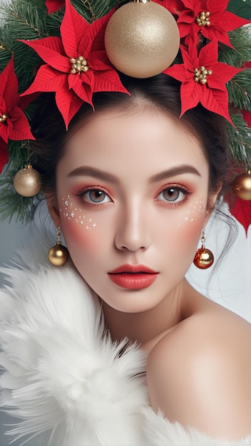 Photo a woman with white hair and red lipstick wearing a christmas wreath