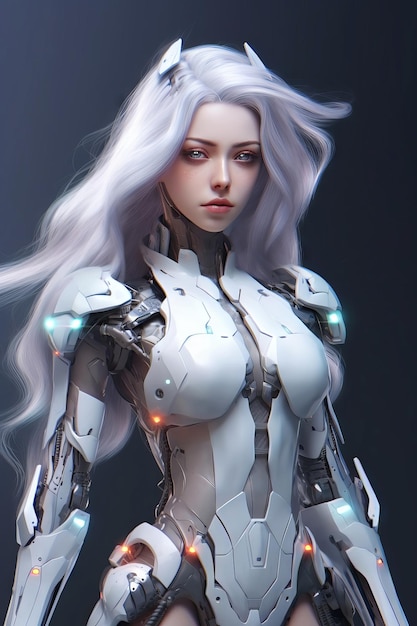 A woman with white hair and a silver robot.