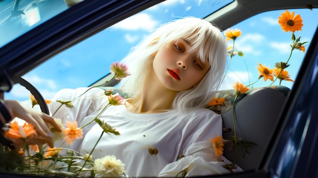 Woman with white hair sitting in car with flowers in front of her Generative AI