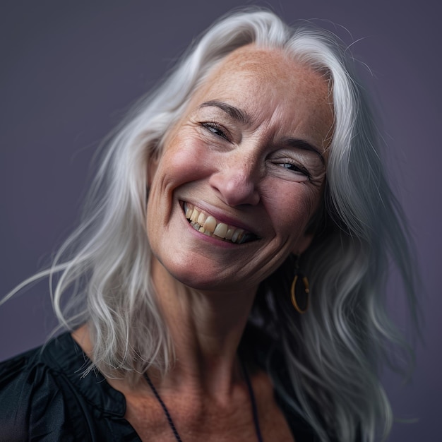A woman with white hair smiling