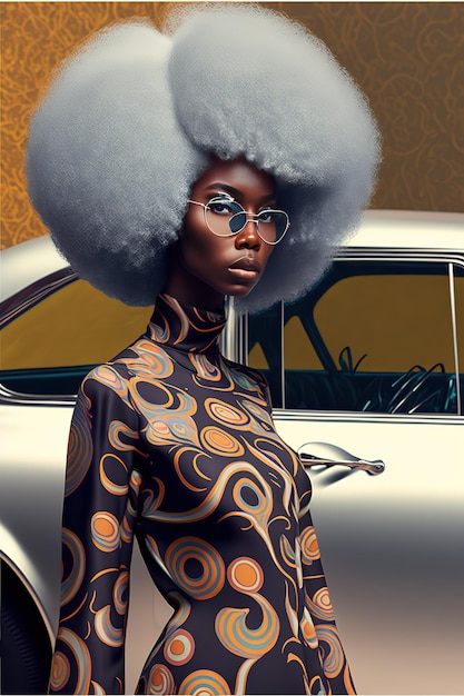 A woman with white hair stands in front of a car