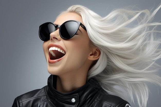 a woman with white hair wearing sunglasses and a leather jacket