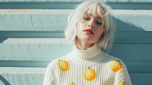 Photo woman with white hair wearing white sweater