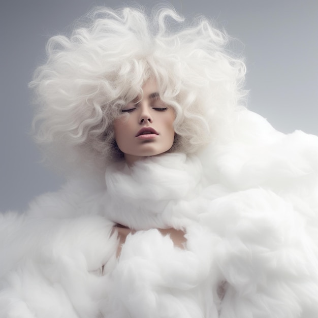 a woman with white hair and a white wig is covered in fur.