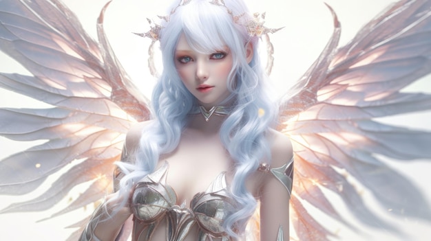 A woman with white hair and wings with a white hair and a blue eyes.