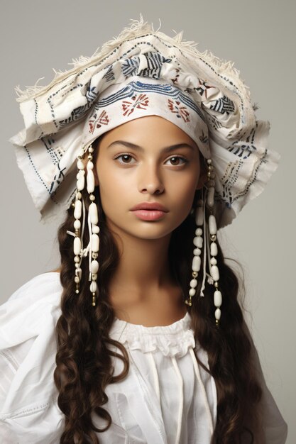 Photo a woman with a white hat and a white dress