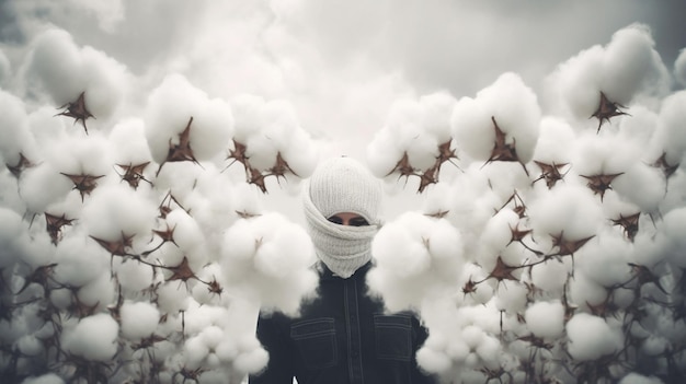 A woman with a white hat and a white scarf with the word cotton on it.